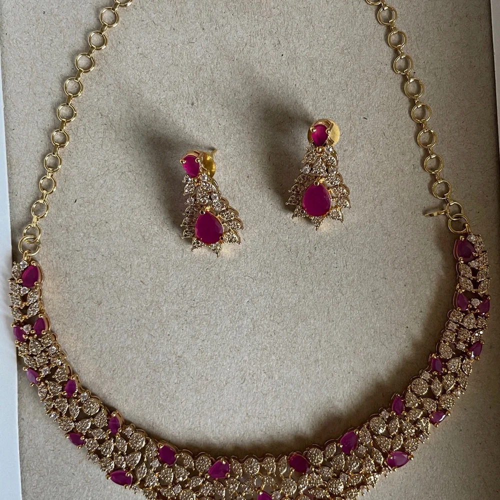 Gold-Tone Necklace & Earring Set with Pink Gem Accents